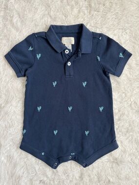 Blue Rooster Collection Baby Boy Navy Romper with Teal Rooster Embroidery